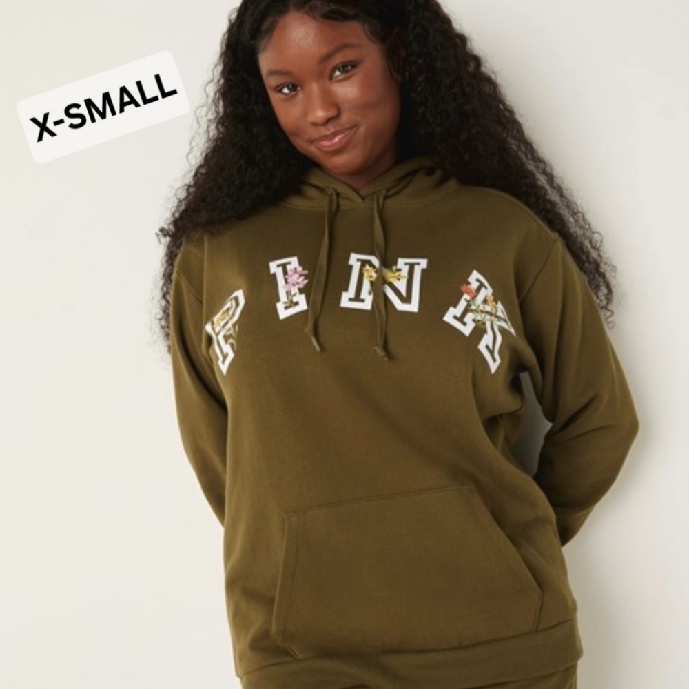 Victoria's Secret PINK Campus Pullover Olive Hoodie Embroidered Flowers XSmall